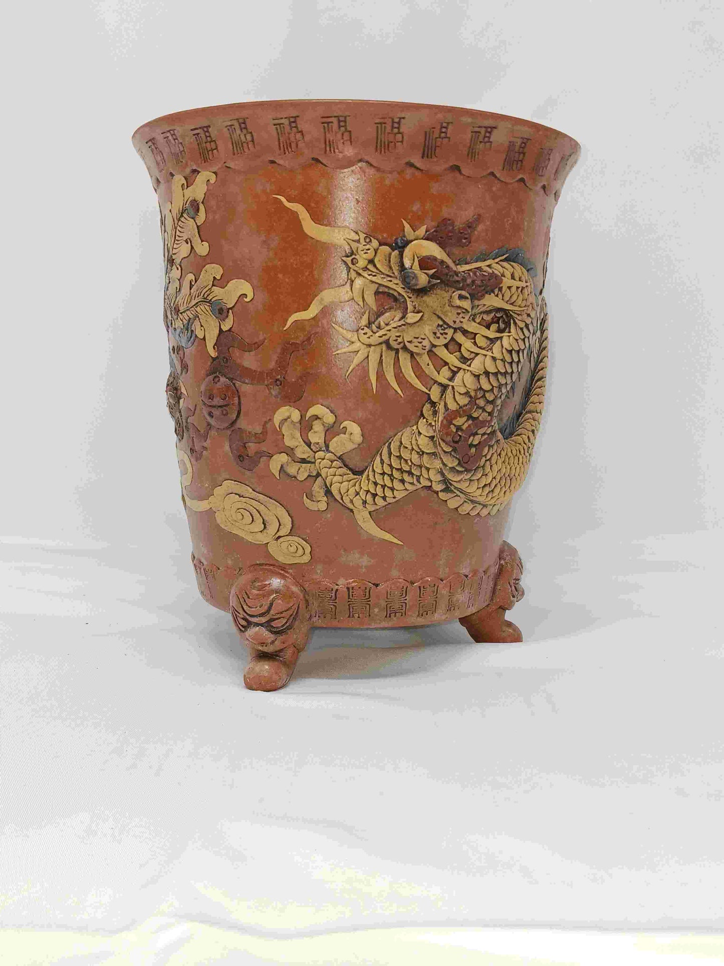 20世紀宜興貼塑龍鳳紋三足陶花盆 ( 2404053)