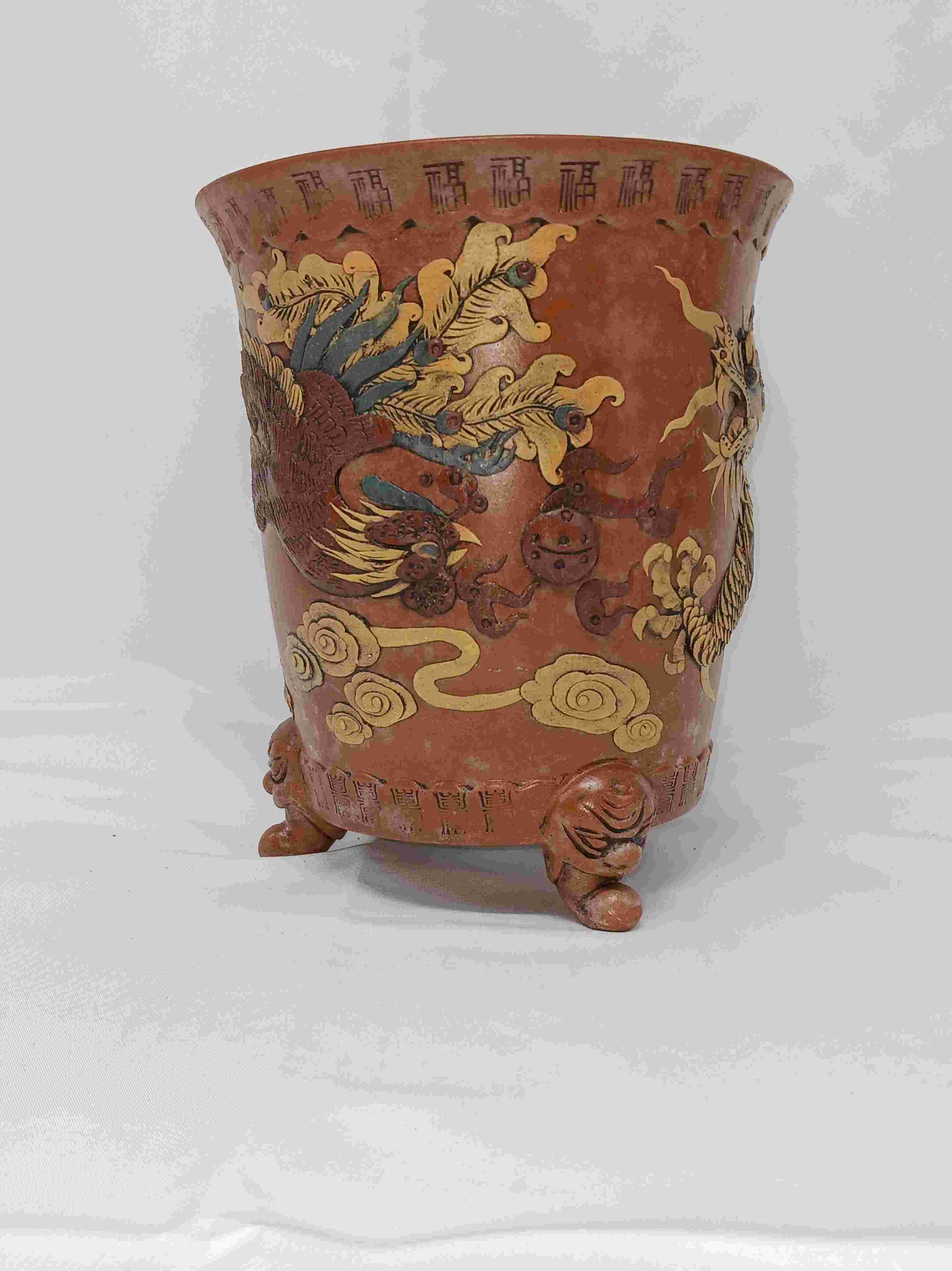 20世紀宜興貼塑龍鳳紋三足陶花盆 ( 2404053)
