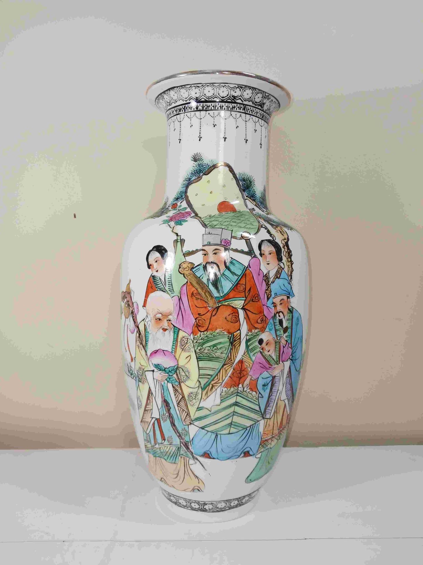 Early Liberation Period (5,6,7) Pastel Porcelain Vase with Three Stars of Fortune, Lushou and Shou, 1949-1970 (2406086)
