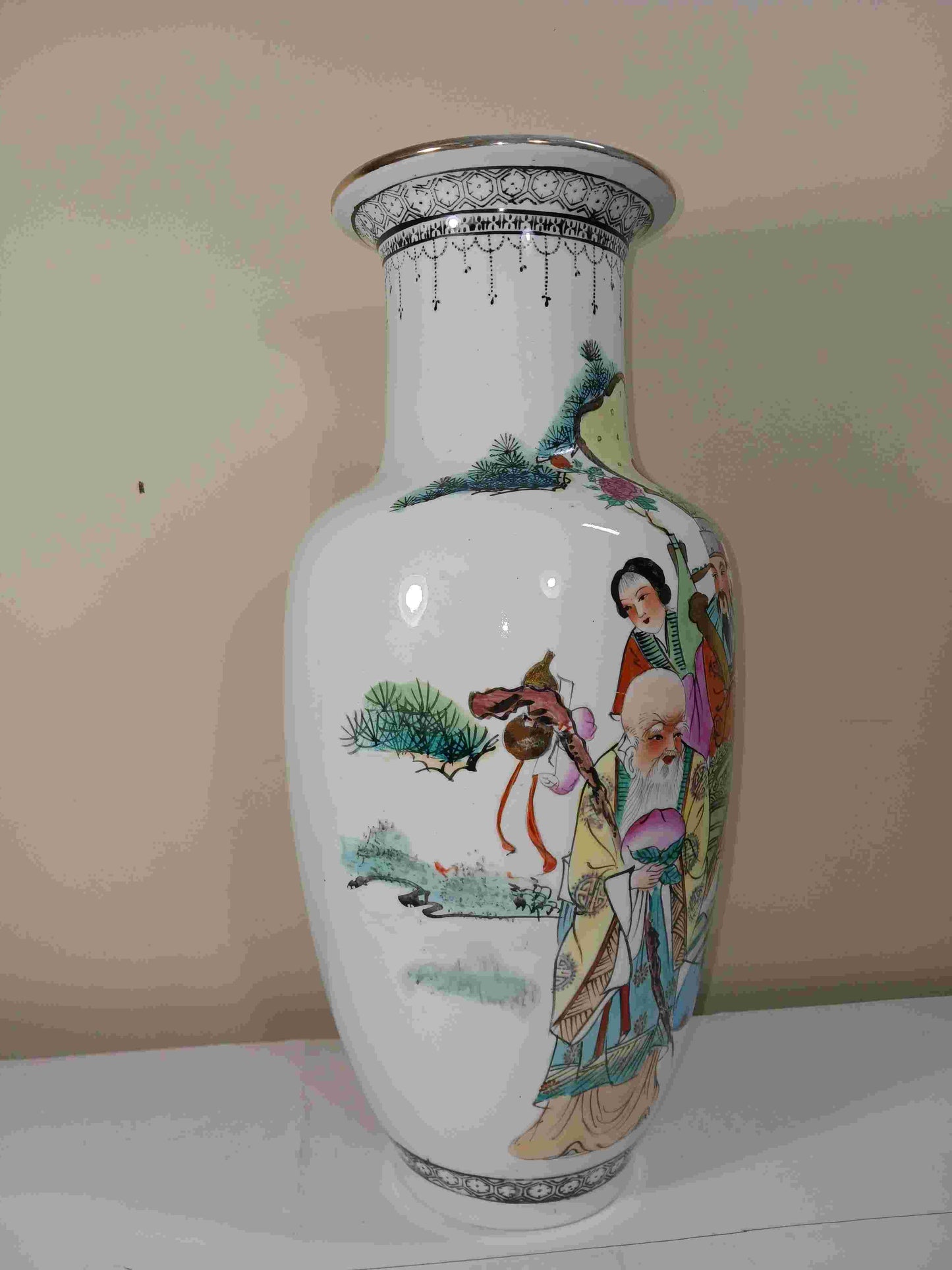 Early Liberation Period (5,6,7) Pastel Porcelain Vase with Three Stars of Fortune, Lushou and Shou, 1949-1970 (2406086)