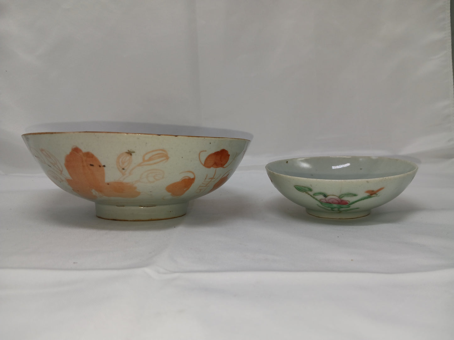 Late Qing Dynasty alum red color blessing and longevity bowl and pastel flower small bowl (2404029)