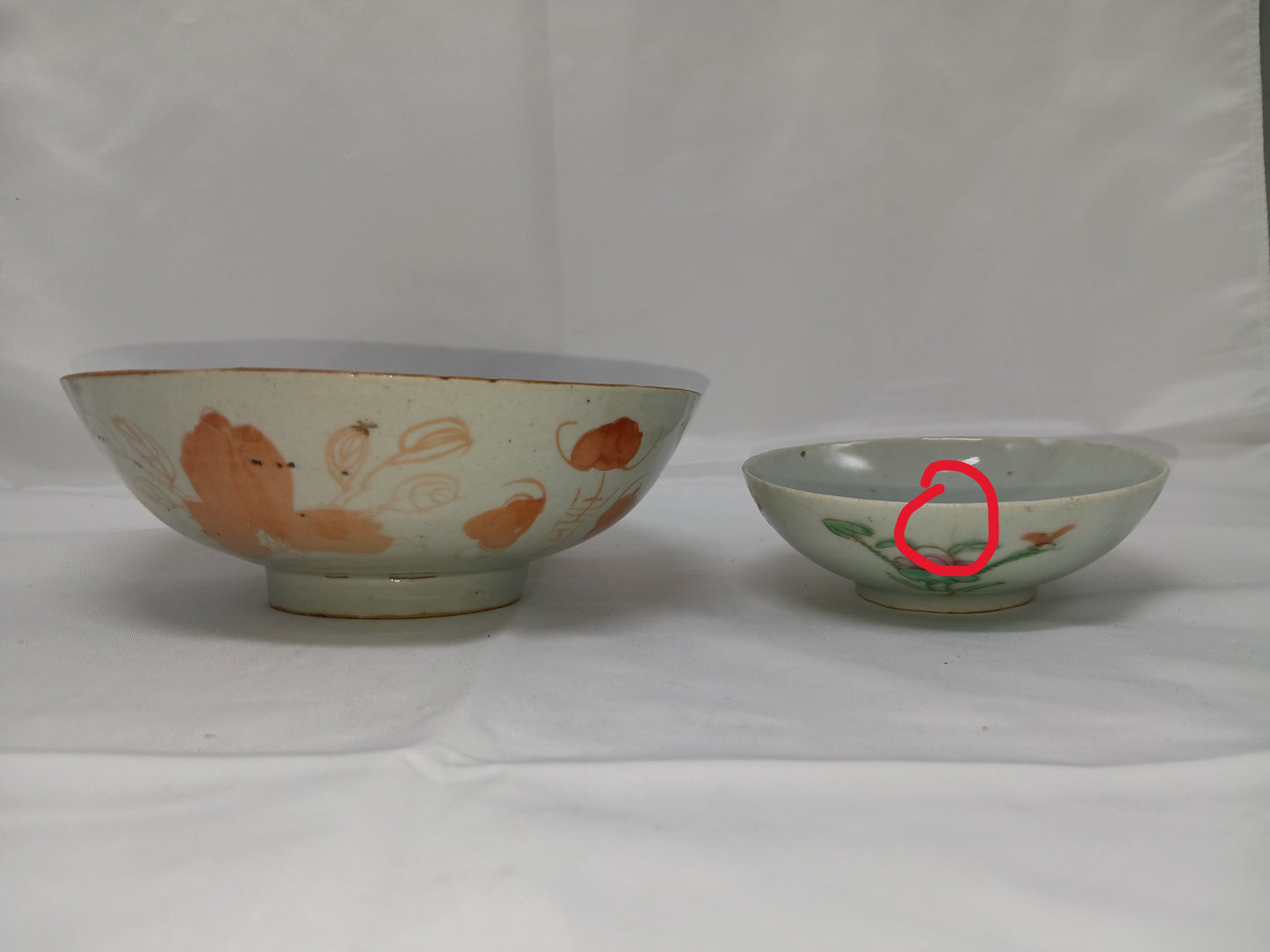 Late Qing Dynasty alum red color blessing and longevity bowl and pastel flower small bowl (2404029)