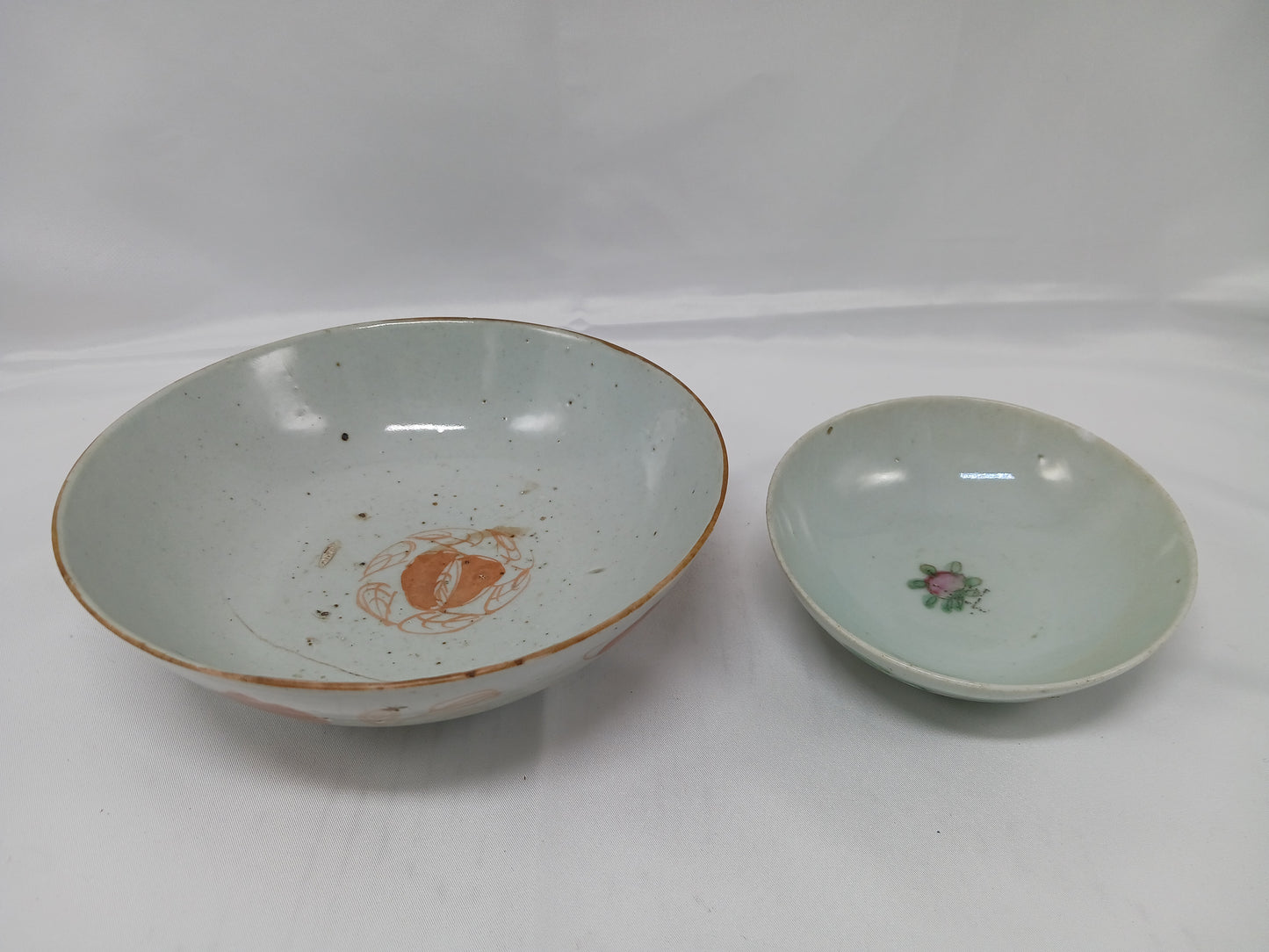 Late Qing Dynasty alum red color blessing and longevity bowl and pastel flower small bowl (2404029)