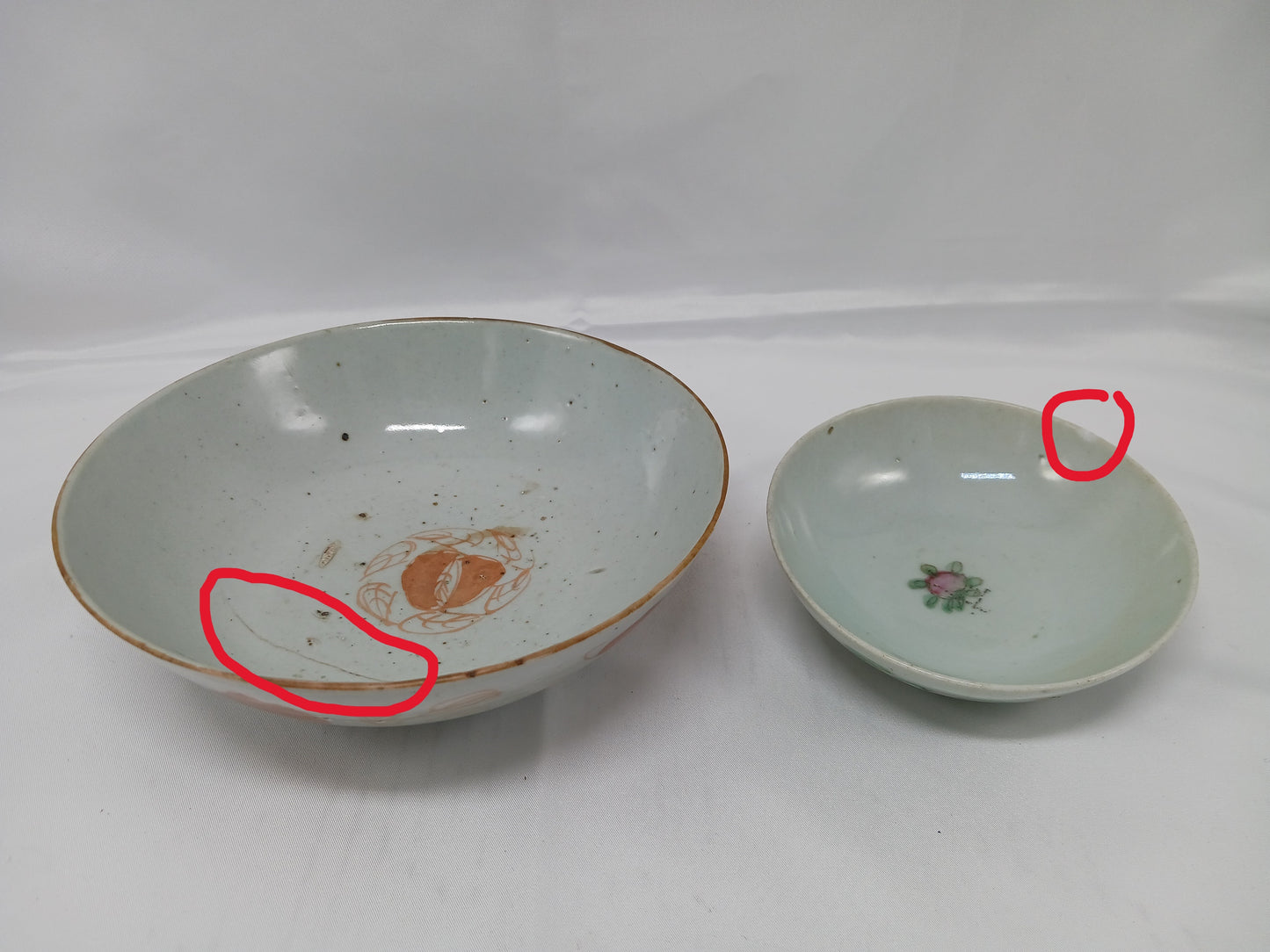 Late Qing Dynasty alum red color blessing and longevity bowl and pastel flower small bowl (2404029)