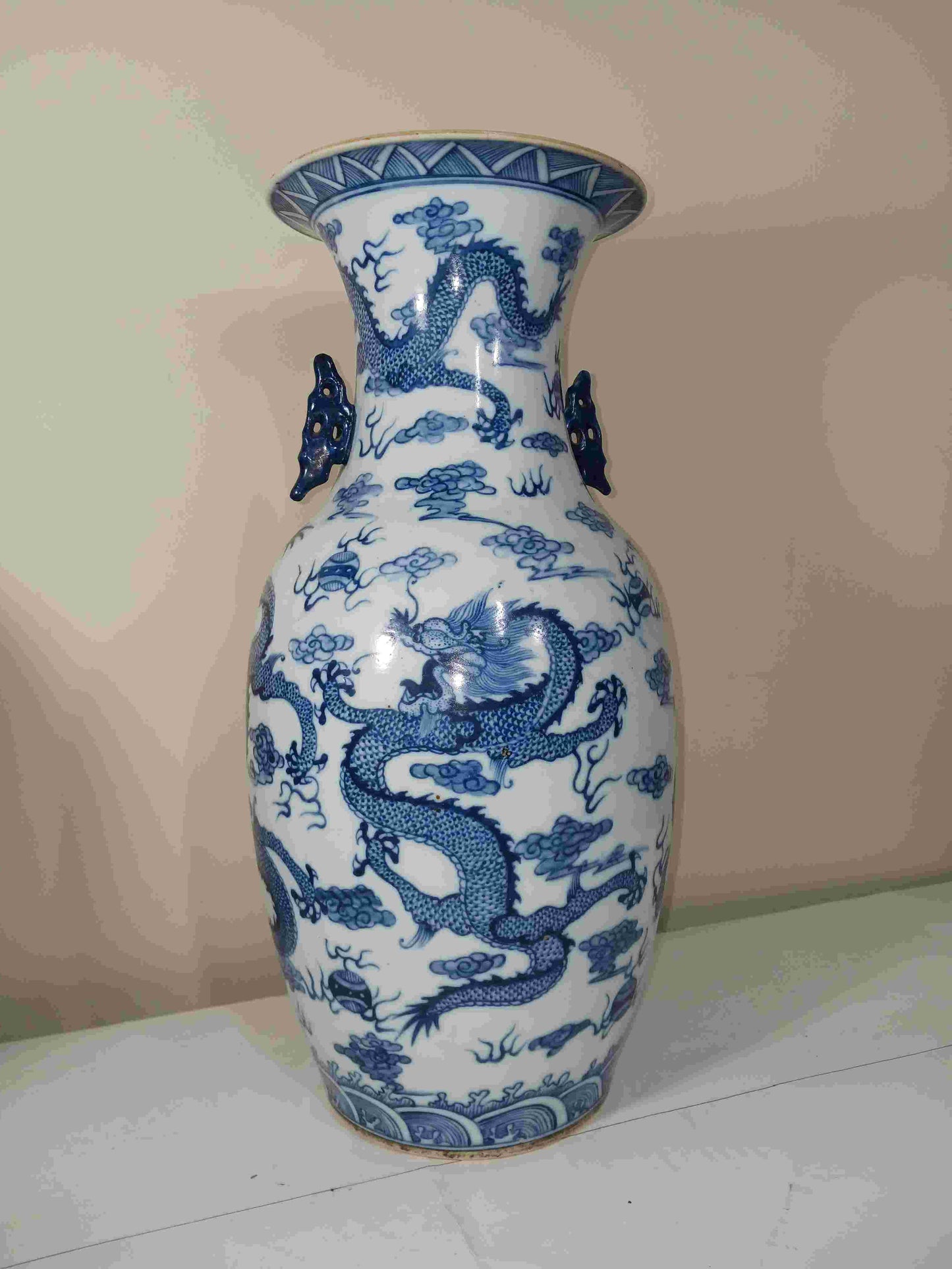 Late Qing Dynasty Guangxu blue and white porcelain vase with two ears and five dragons playing with beads, 1875-1908 (2404071)