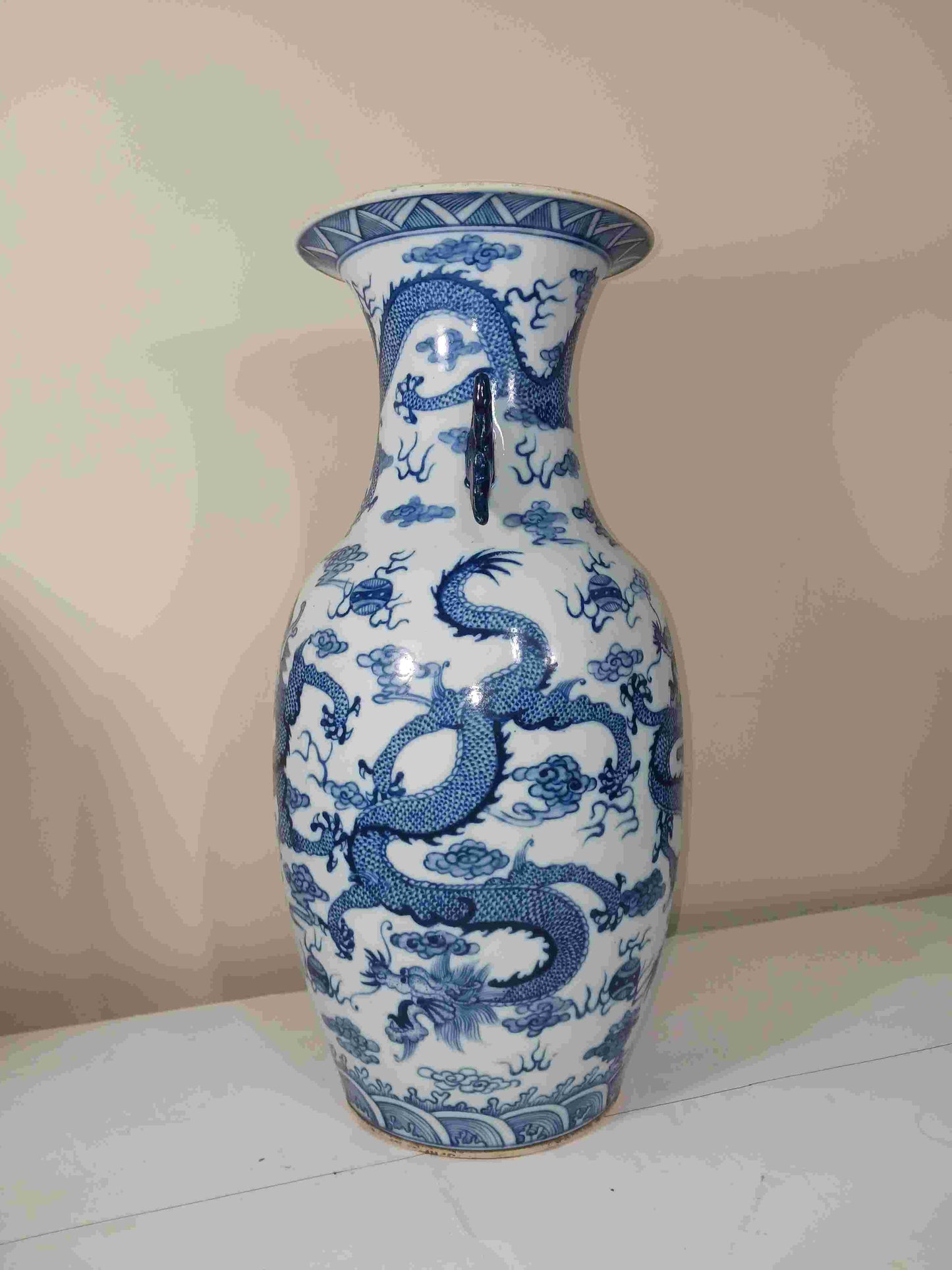 Late Qing Dynasty Guangxu blue and white porcelain vase with two ears and five dragons playing with beads, 1875-1908 (2404071)