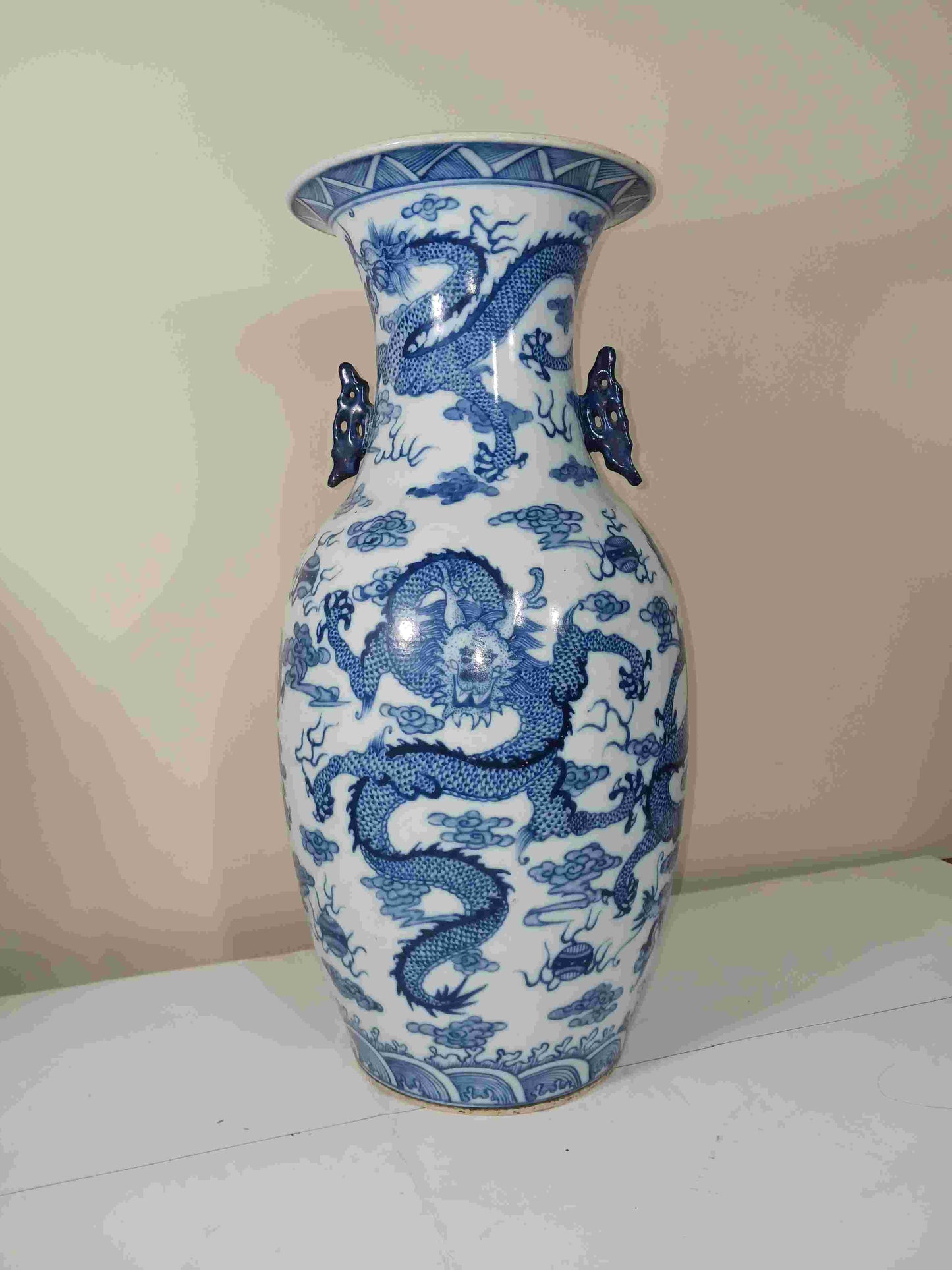 Late Qing Dynasty Guangxu blue and white porcelain vase with two ears and five dragons playing with beads, 1875-1908 (2404071)