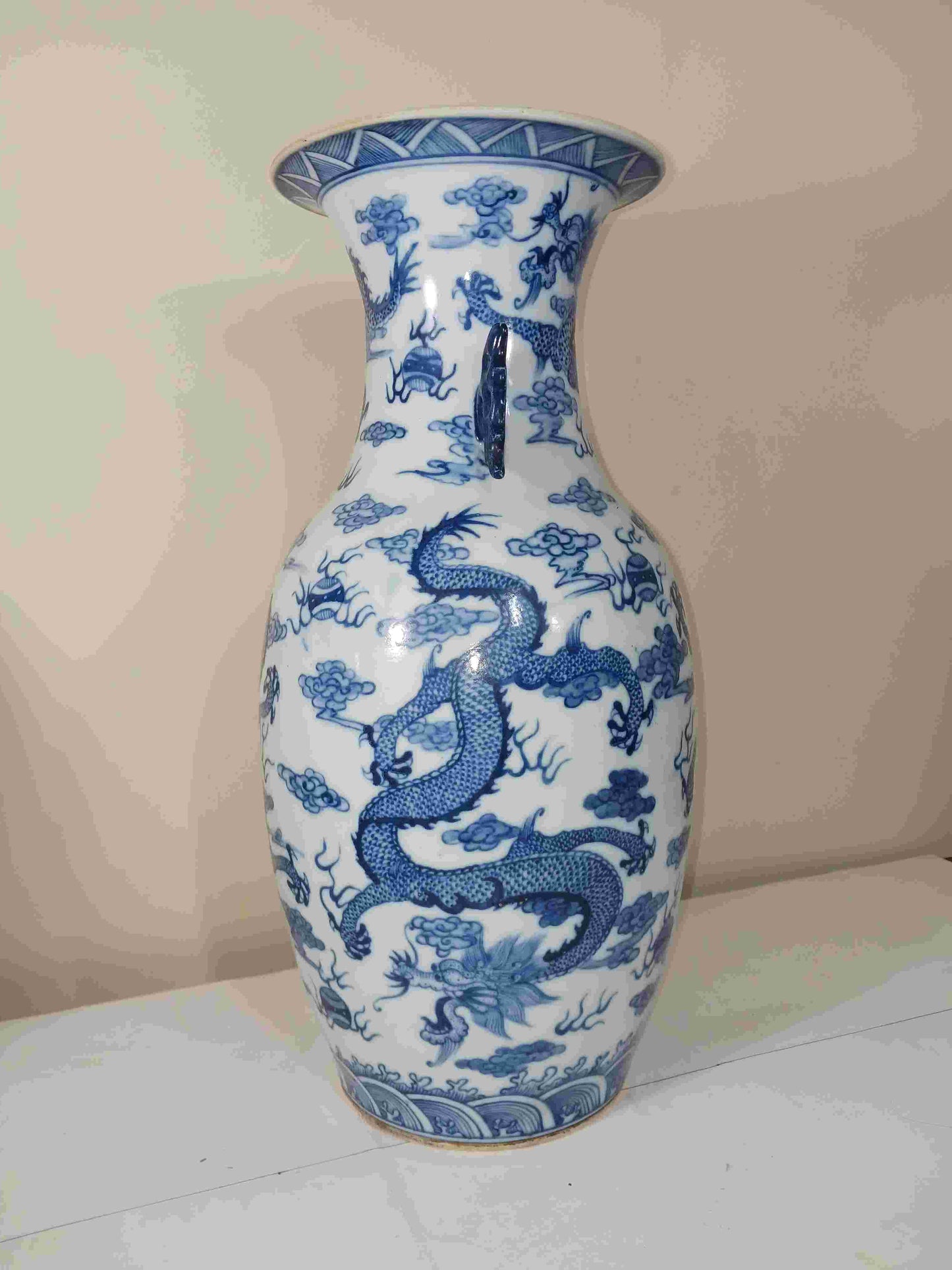 Late Qing Dynasty Guangxu blue and white porcelain vase with two ears and five dragons playing with beads, 1875-1908 (2404071)